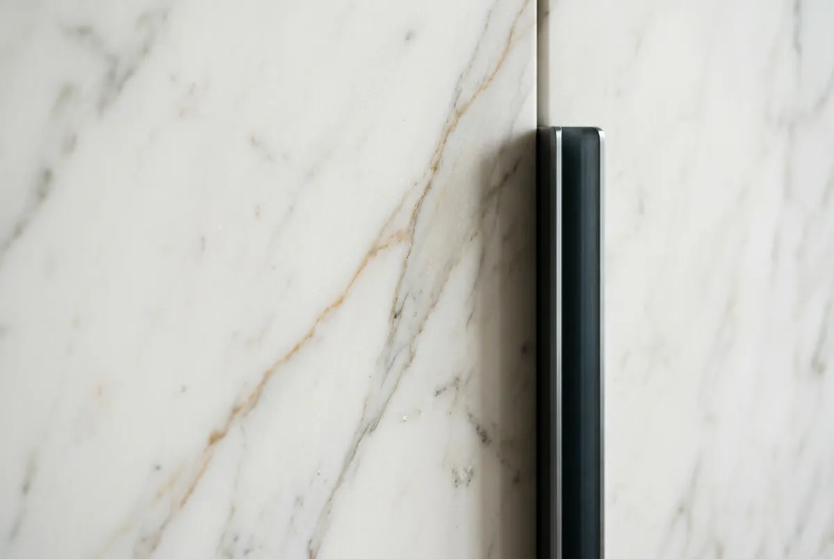 Macro photography of honed Calacatta marble slab with integrated appliance panel
