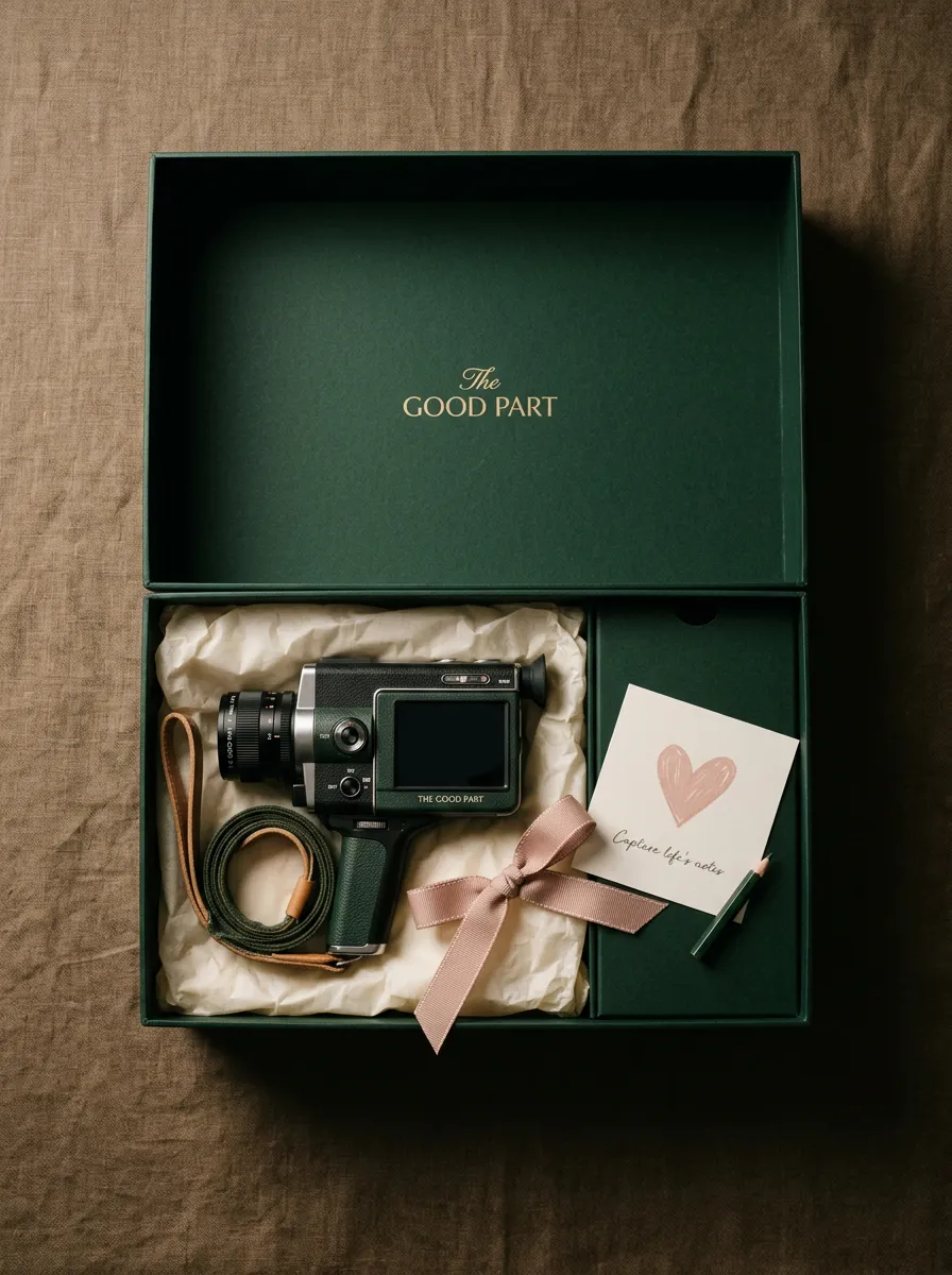 The Good Part wedding camcorder kit in bespoke linen packaging