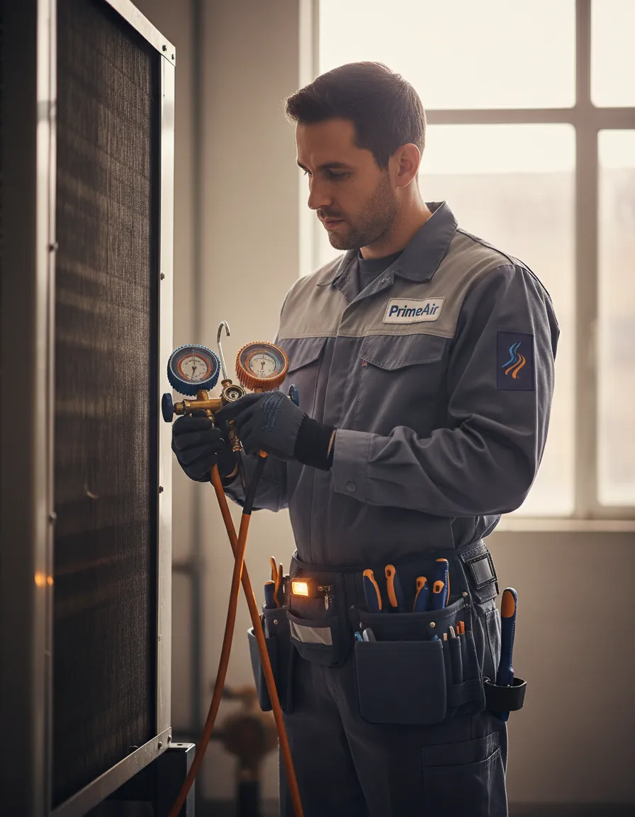 HVAC technician comprehensively inspecting air conditioning equipment