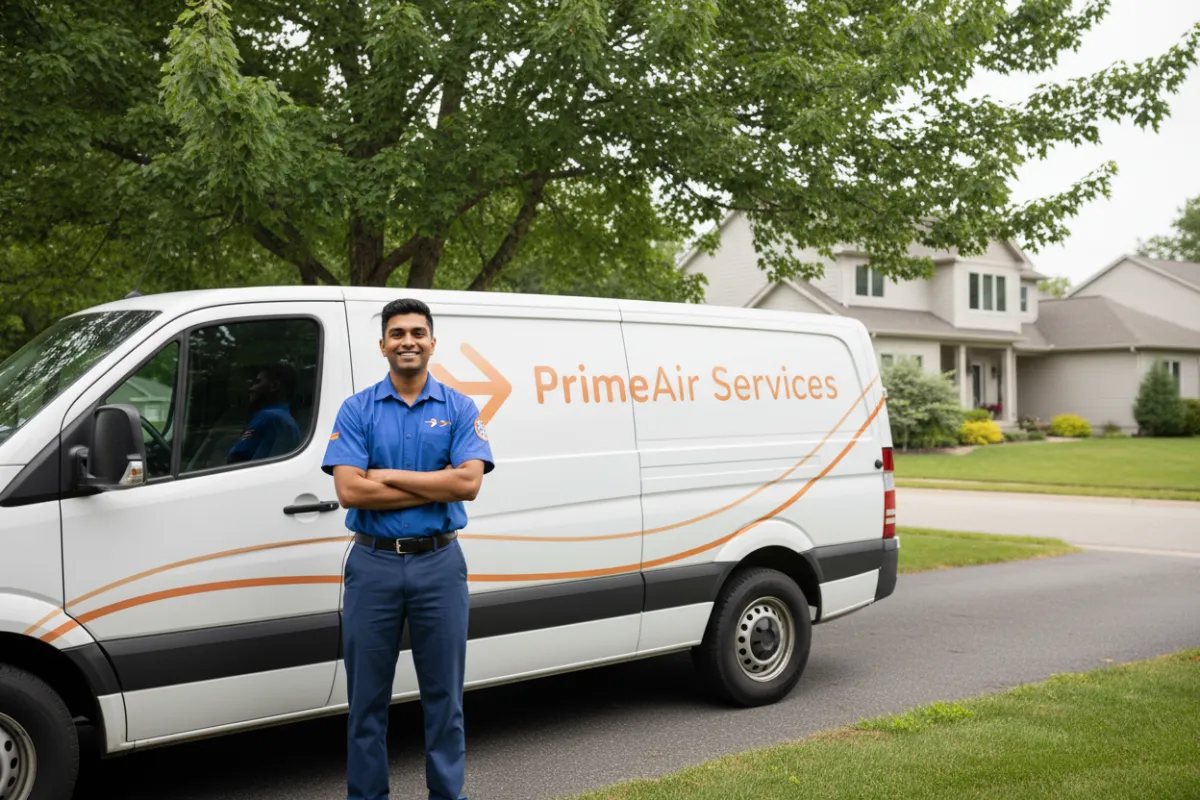 PrimeAir technician standing by service van