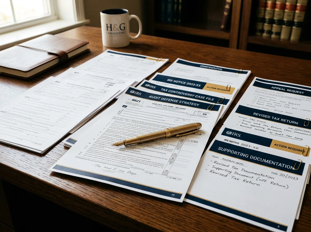 Tax controversy analysis and IRS negotiation paperwork on a professional mahogany desk