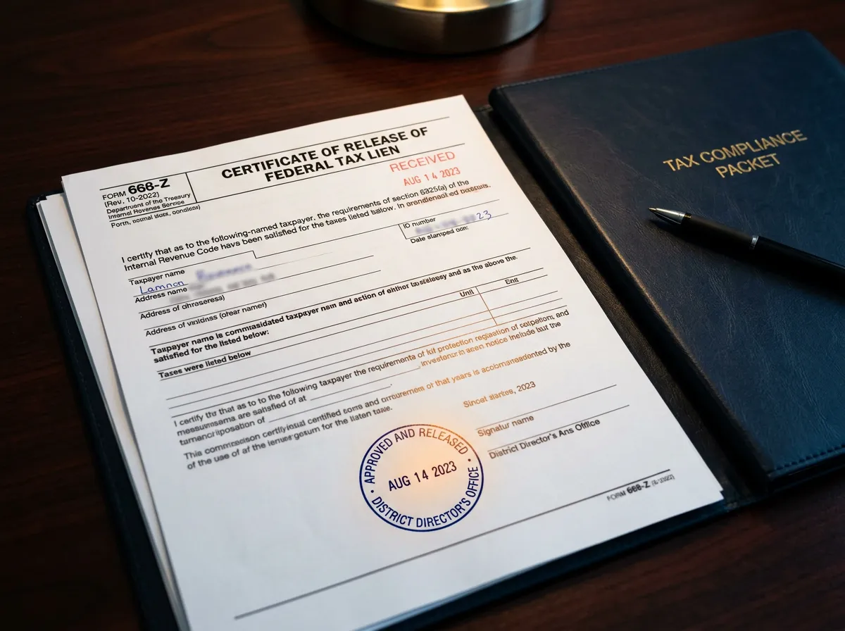 Formal federal tax lien release document and compliance documentation stamped approved