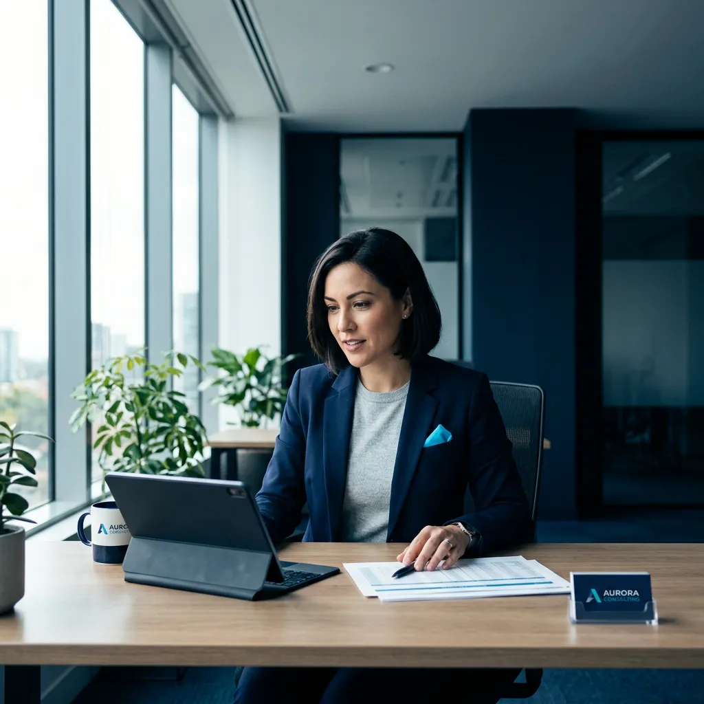 Modern business owner reviewing real-time funding balance and operational growth in a bright corporate office