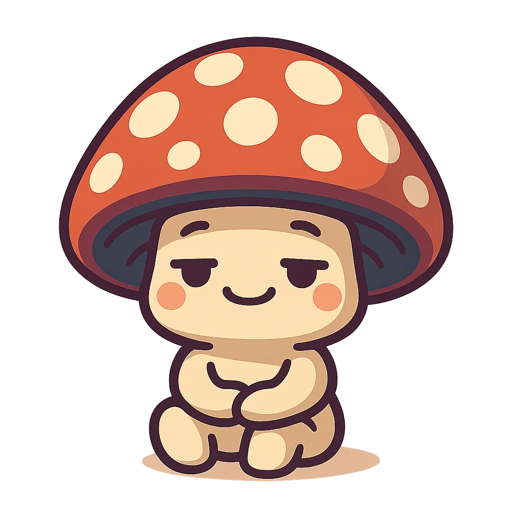 Riggity Wrecked Chibi Mascot - Red and white spotted mushroom character resting peacefully