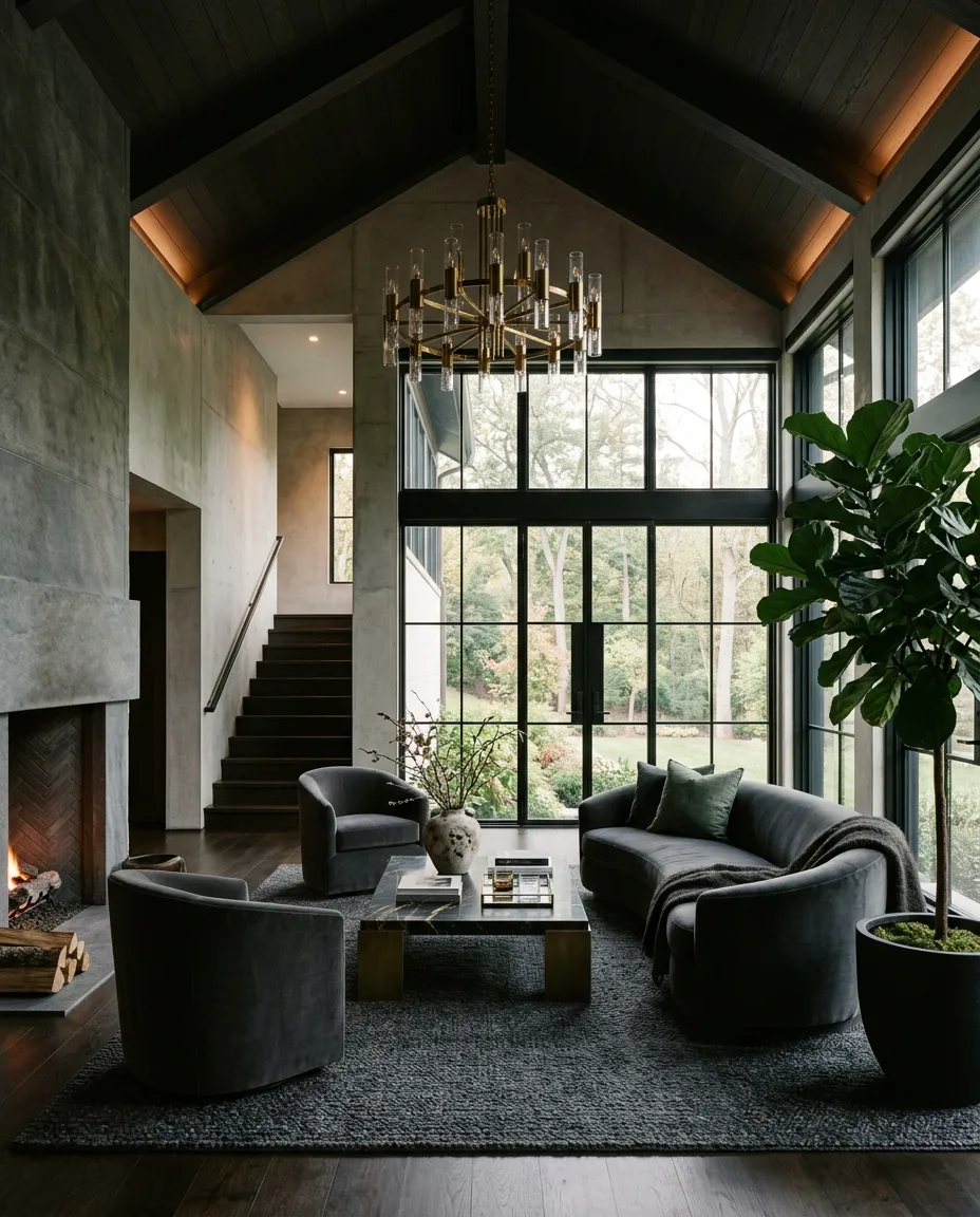Cinematic luxury home interior with architectural high ceilings and refined finishes