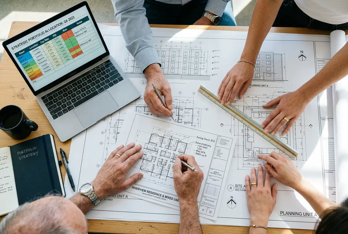 Architectural blueprints and strategic property portfolio planning session