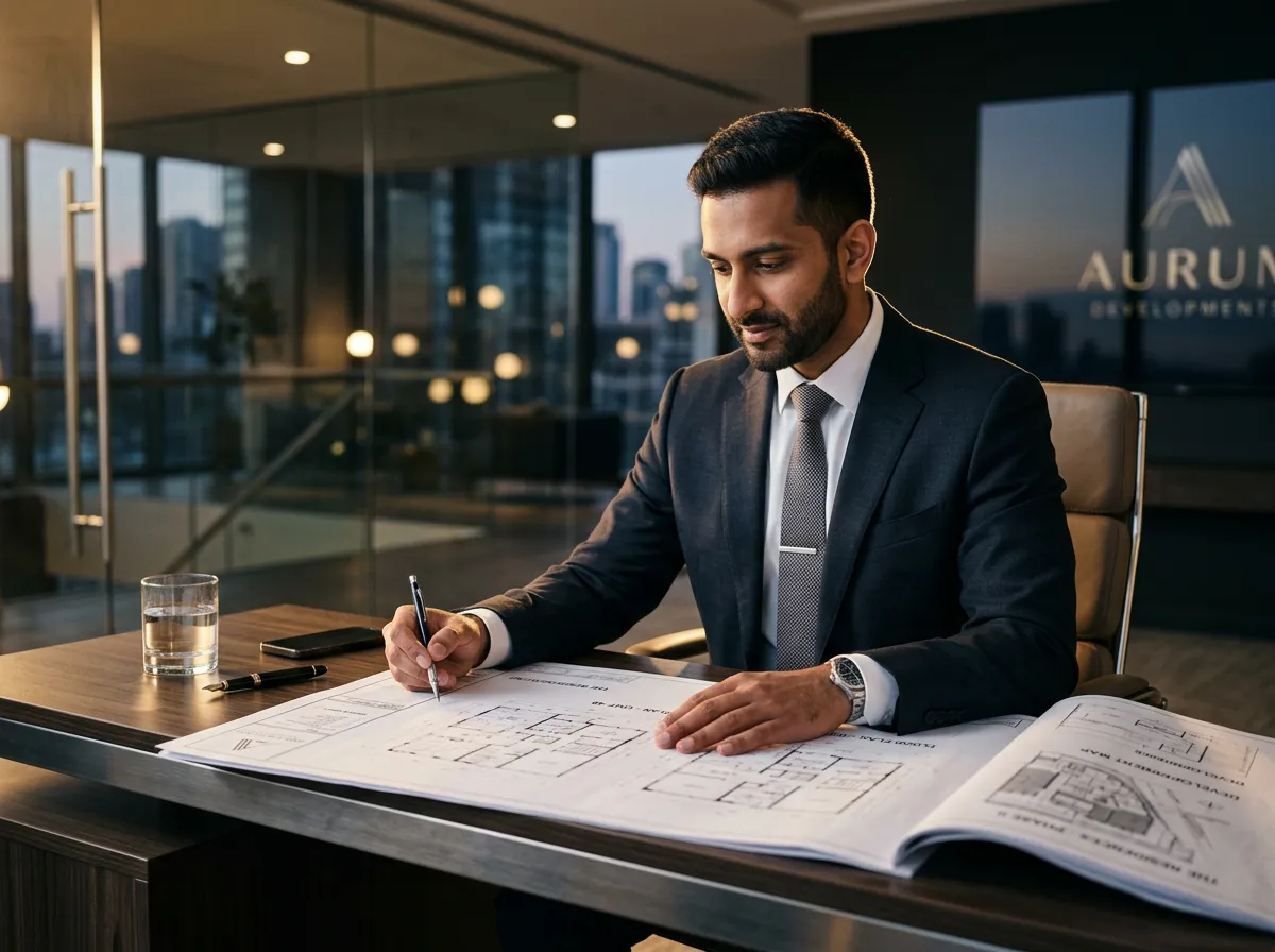 Aziz sitting in an executive architectural office setting reviewing real estate portfolio blueprints