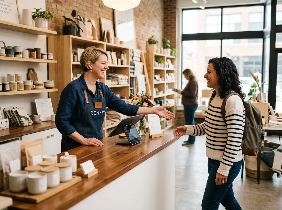 Local business owner serving customers in Roosevelt Park West Michigan storefront