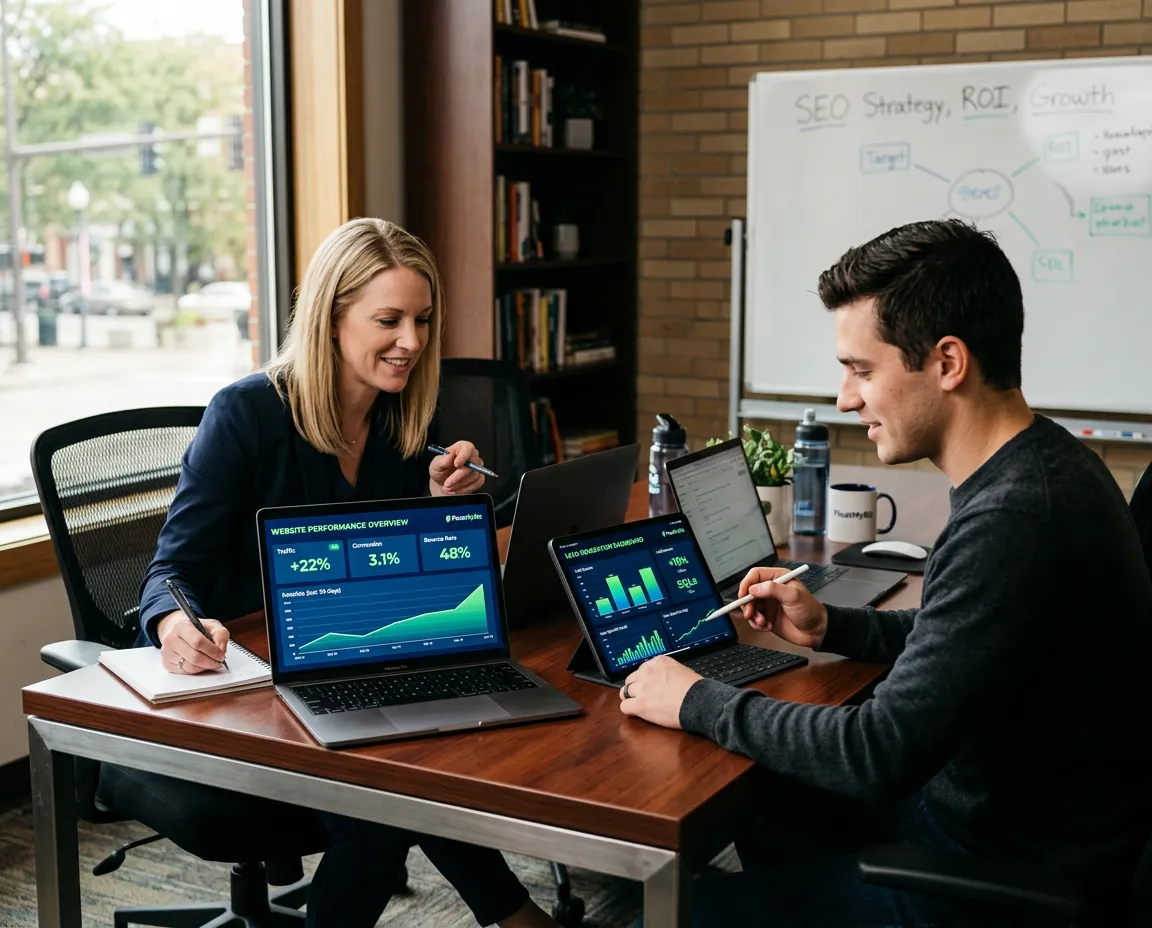 Collaborative agency workspace in West Michigan with laptops and website performance analytics dashboards