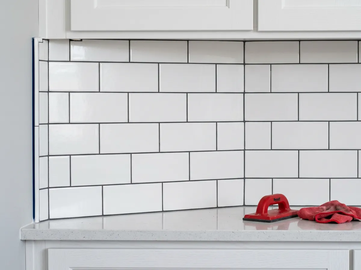 Kitchen tile backsplash installation with clean grout lines