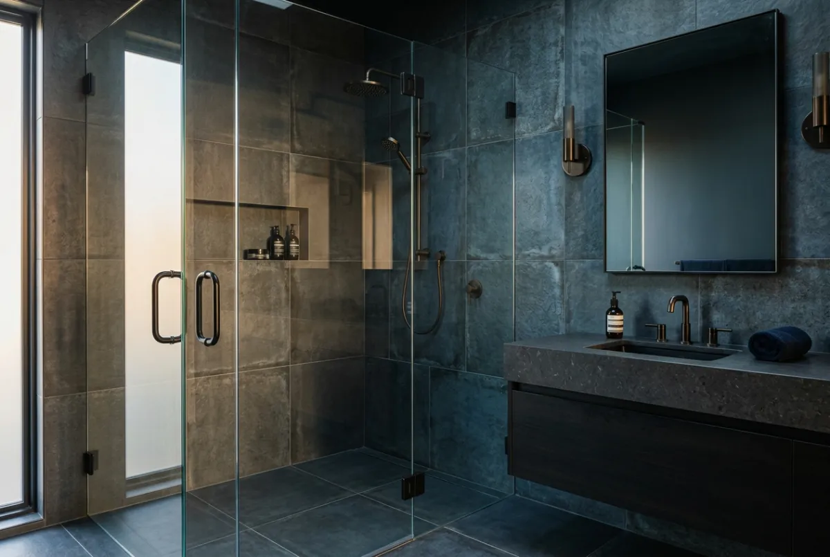 Luxury master bathroom with glass shower and ceramic tile