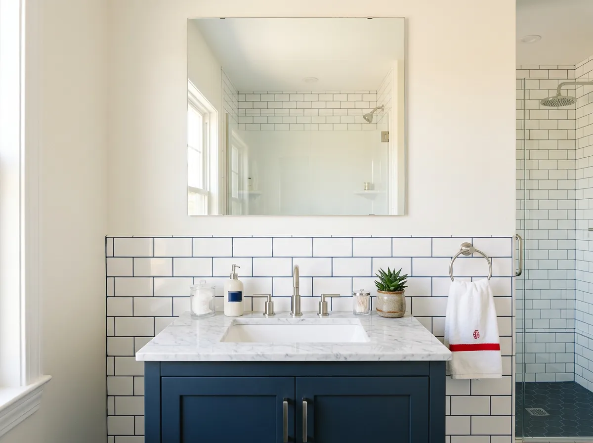 Cosmetic bathroom refresh with clean mirror and paint