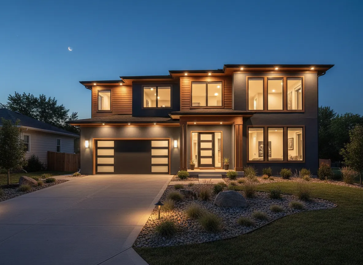 Modern Columbus home exterior at dusk