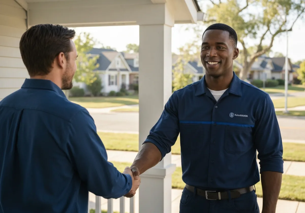 Satisfied homeowner shaking hands with HVAC technician