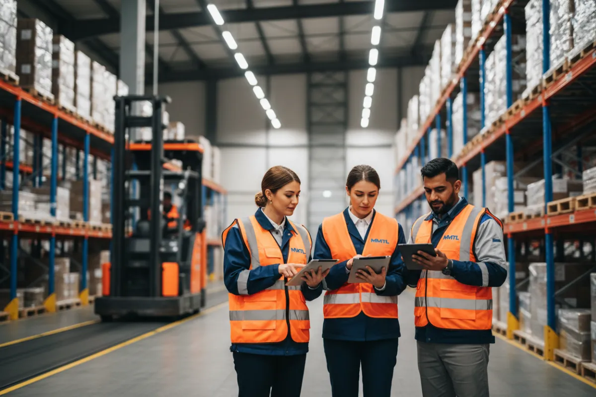 A close-up of a logistics manager reviewing a digital map on a large touchscreen, with global shipping routes highlighted, set in a bright, glass-walled office with cityscape views.