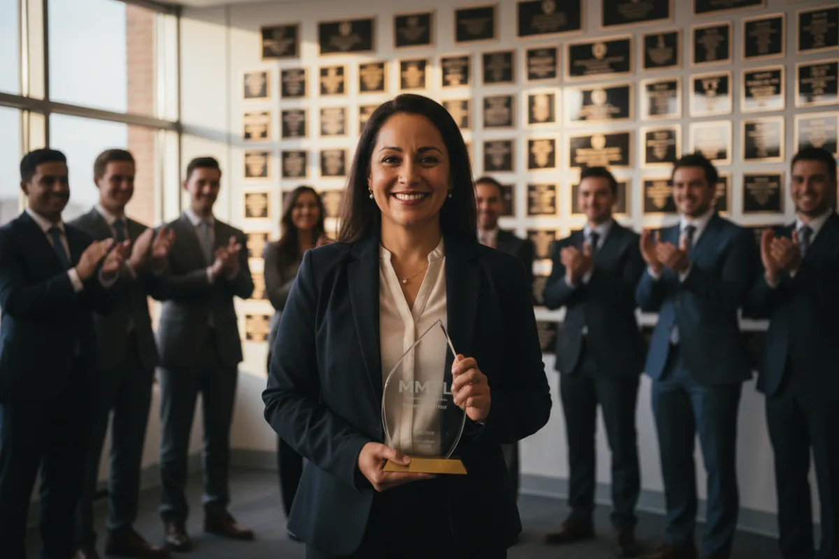 A smiling woman of Hispanic descent in business attire stands in front of a wall of achievement plaques, holding an MMTL Employee of the Year award, with colleagues applauding in the background.