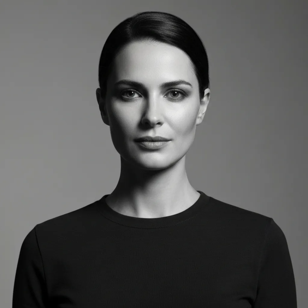 Black and white high-contrast portrait of Elena Rostova