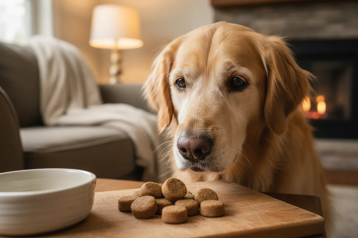 Senior dog gently sniffing soft chewable treats near a bowl in warm home lighting, calm and slightly hesitant expression, realistic photography