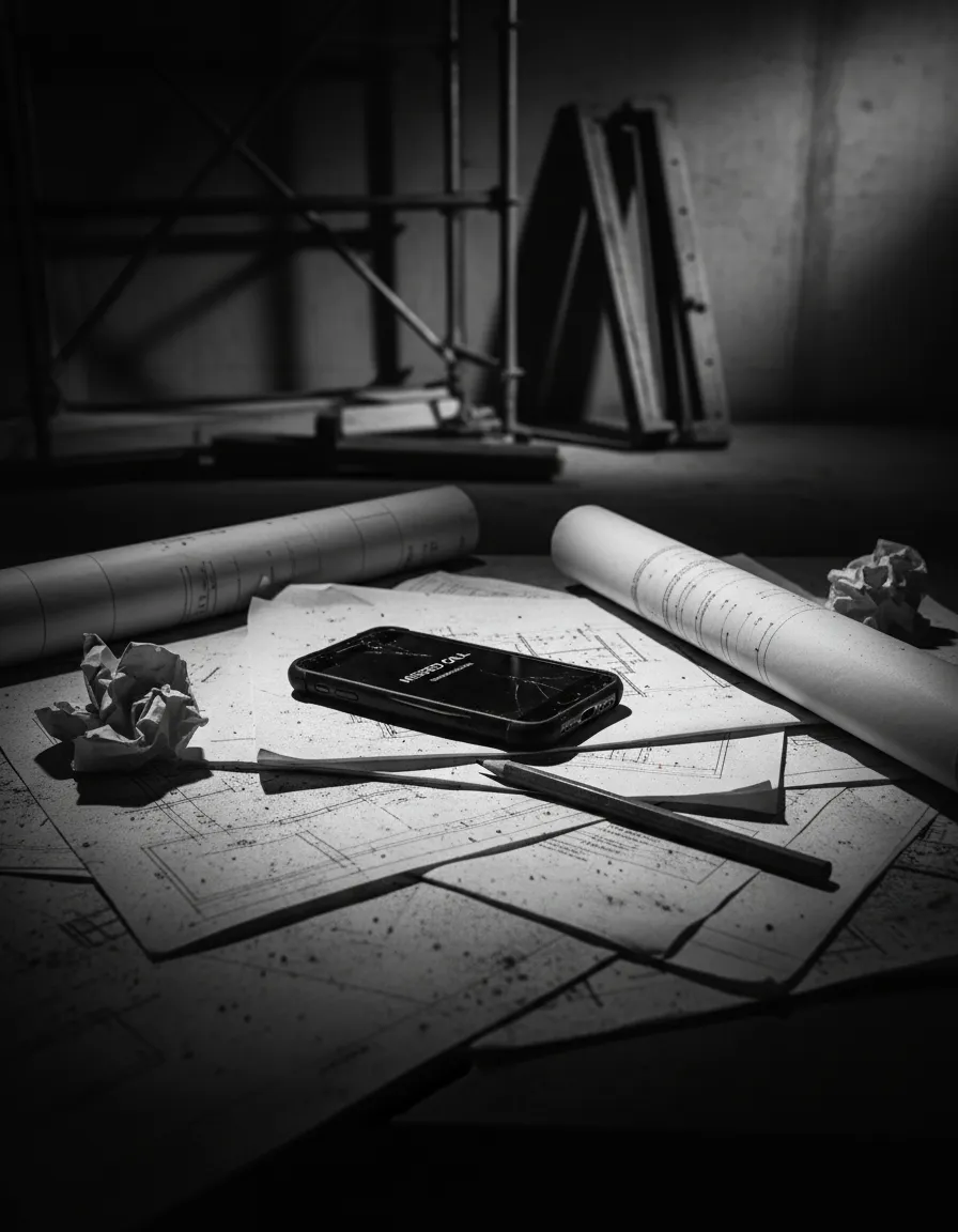 A striking black and white photo of a chaotic construction site desk covered in paperwork, missed call notes, and blueprints.