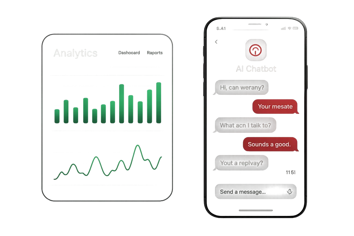 Mockup compuesto de la interfaz móvil del chatbot de IA y panel analítico en tablet mostrando ingresos recuperados en clínicas de fisioterapia