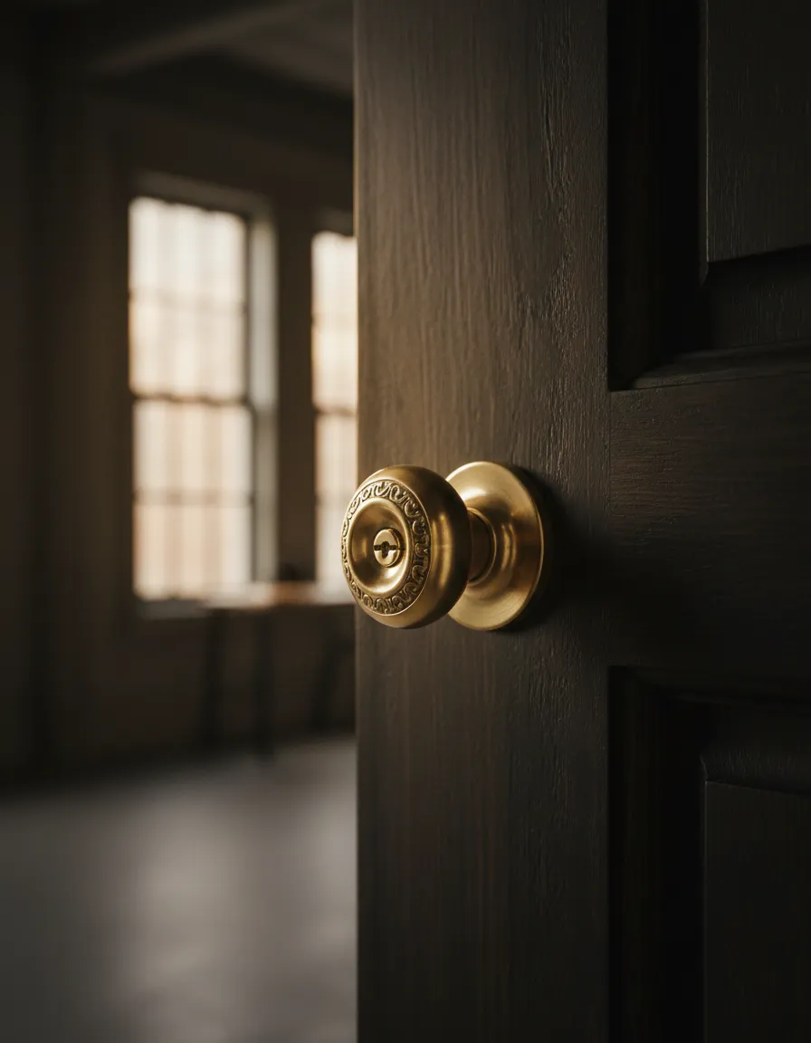 Abstract close-up of a brass doorknob on a dark wooden office door, warm natural lighting, editorial photography