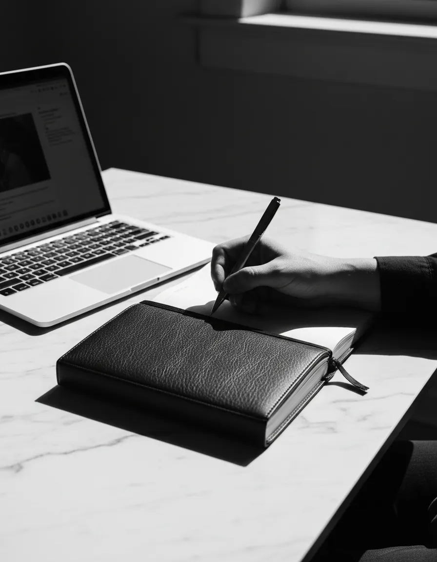 Close-up of hands writing in a leather notebook beside a laptop on a marble desk, black and white photography, editorial style