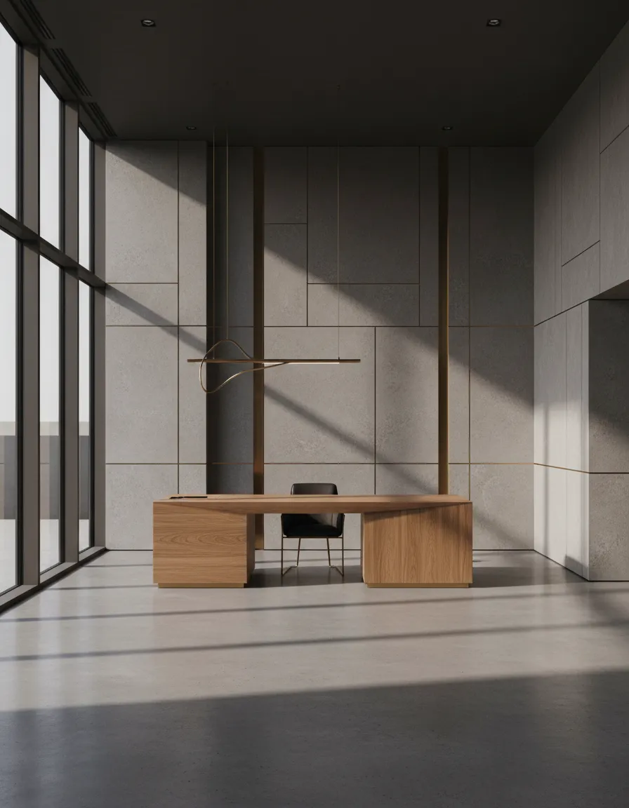 Wide architectural photograph of an empty modern reception area with a single wooden desk