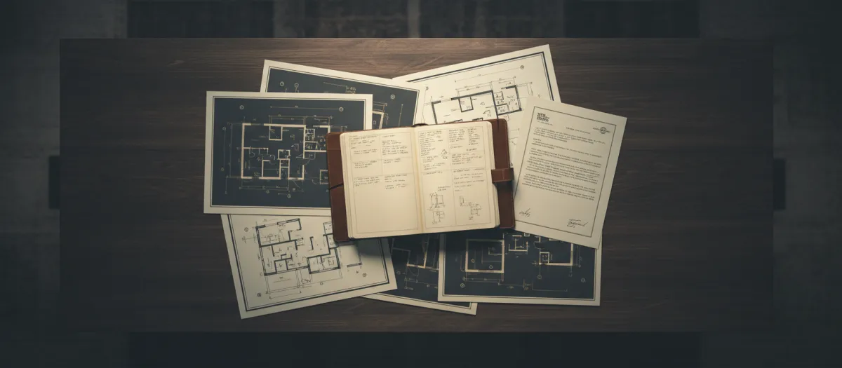 Abstract aerial photograph of overlapping paper documents and blueprints on a dark walnut desk surface