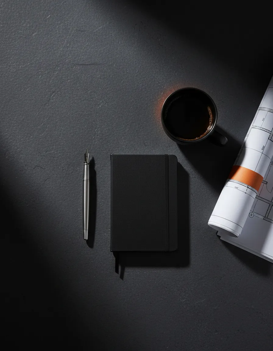 Tactical flat lay with blueprints, notebook, and coffee