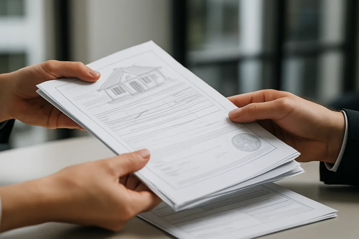 Hands exchanging official property documents on a desk
