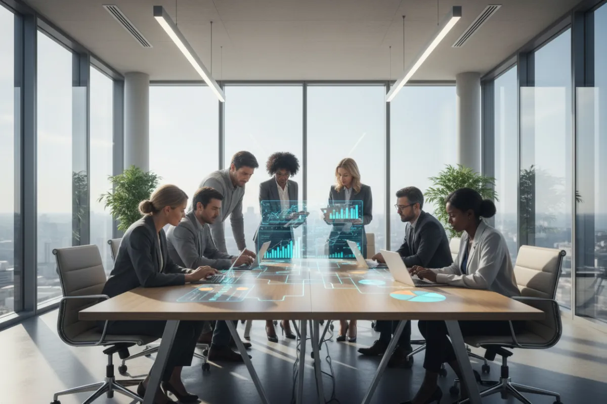 A diverse team of finance professionals collaborates around a modern conference table, analyzing digital reports and data charts. The office is open and filled with natural light, representing responsible data use, teamwork, and a transparent business environment.