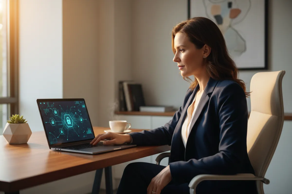 A finance professional sits in a private, sunlit workspace, reviewing personal data rights on a laptop. The individual appears confident and focused, representing empowerment, control, and the ability to manage one’s own information securely.