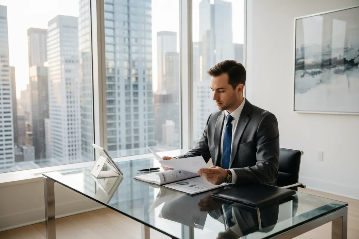 A professional finance advisor in business attire reviews privacy documents at a sleek glass desk, with a city skyline visible through large windows. The office is bright, minimal, and modern, emphasizing trust, confidentiality, and a professional atmosphere.