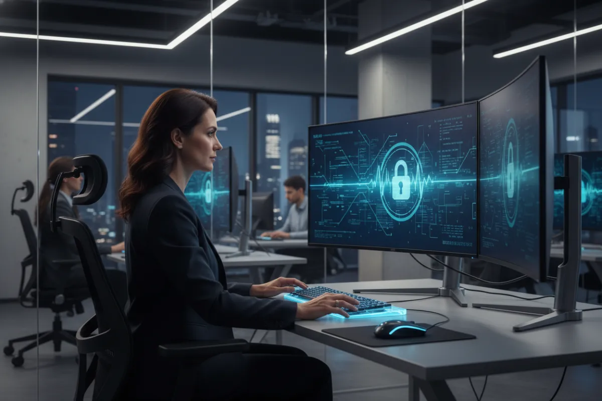 IT security specialist in a finance firm monitoring encrypted data streams on multiple screens. The specialist is focused, with a modern office background, highlighting advanced digital security and vigilance.