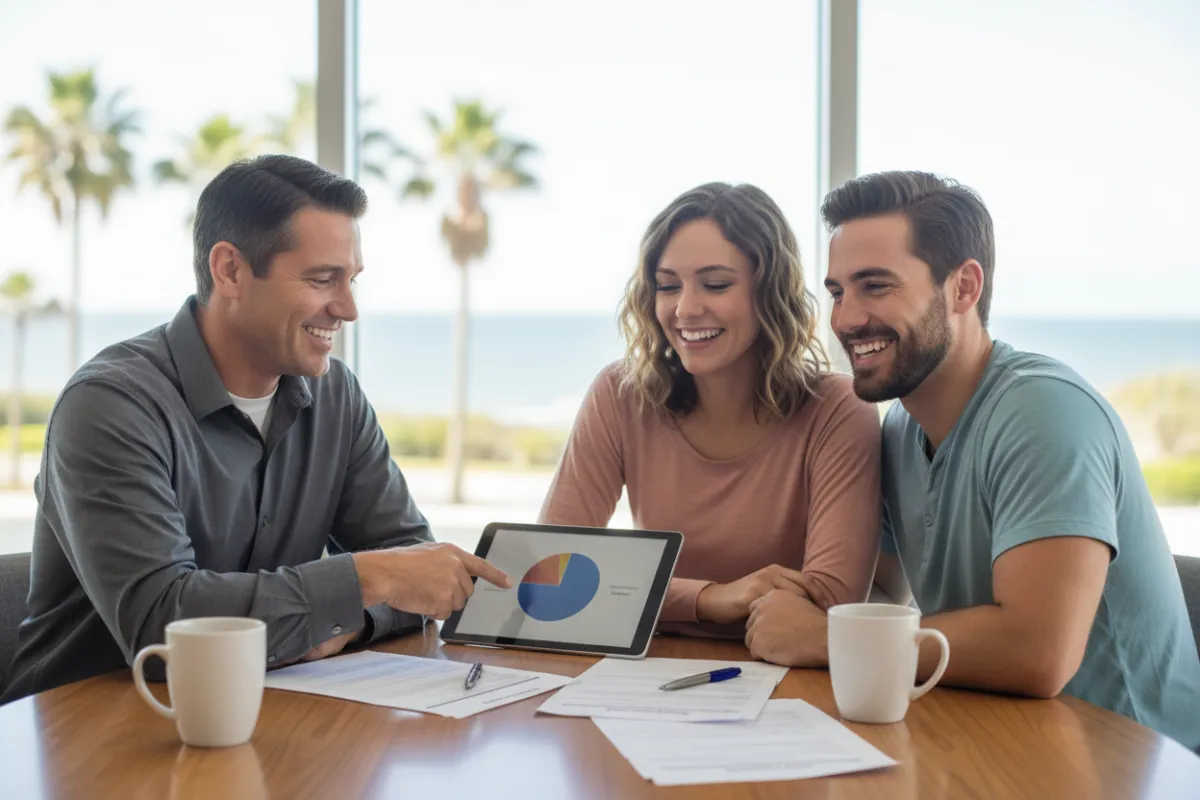 Financial advisor and young couple reviewing mortgage documents at a bright table. The advisor points to a chart, while the couple smiles, feeling reassured about their home financing options in Corpus Christi.