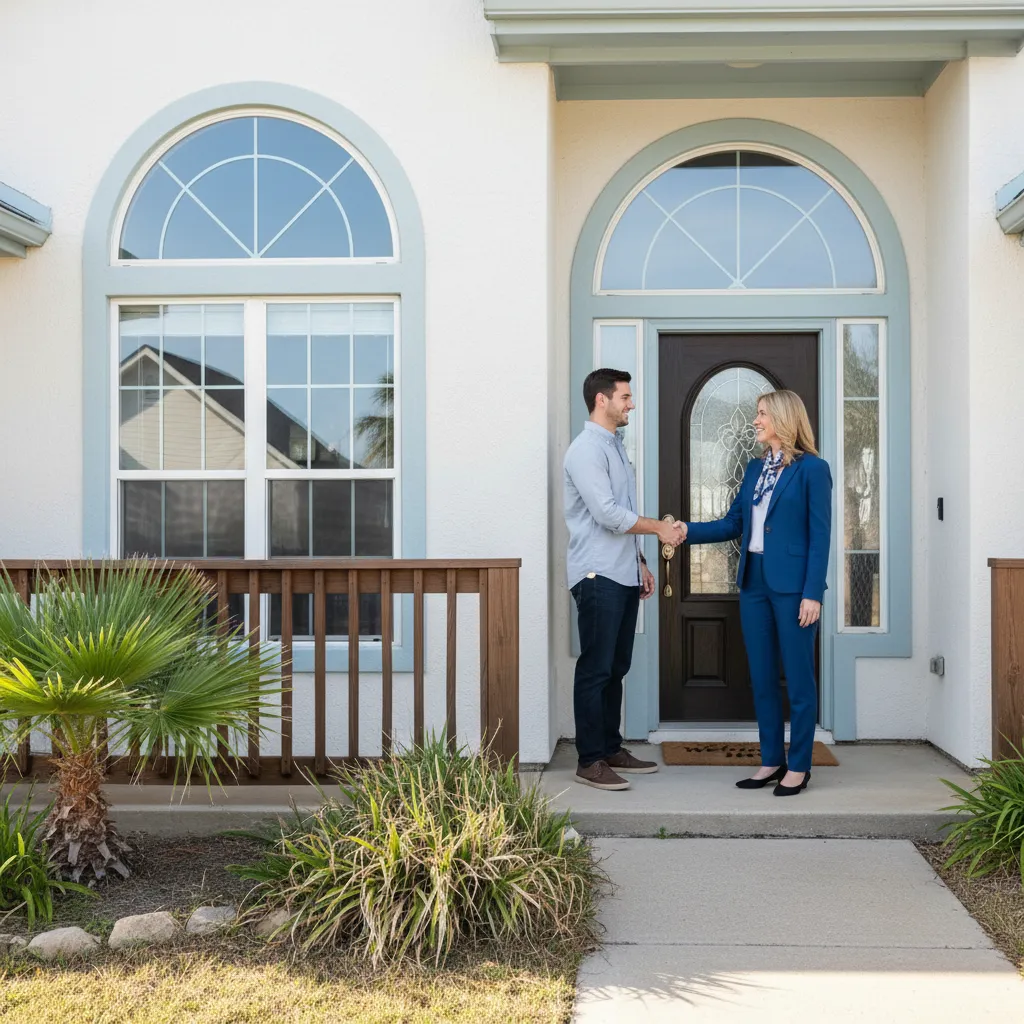 Real estate agent greeting a couple at the entrance of a Corpus Christi home, ready for a private property tour