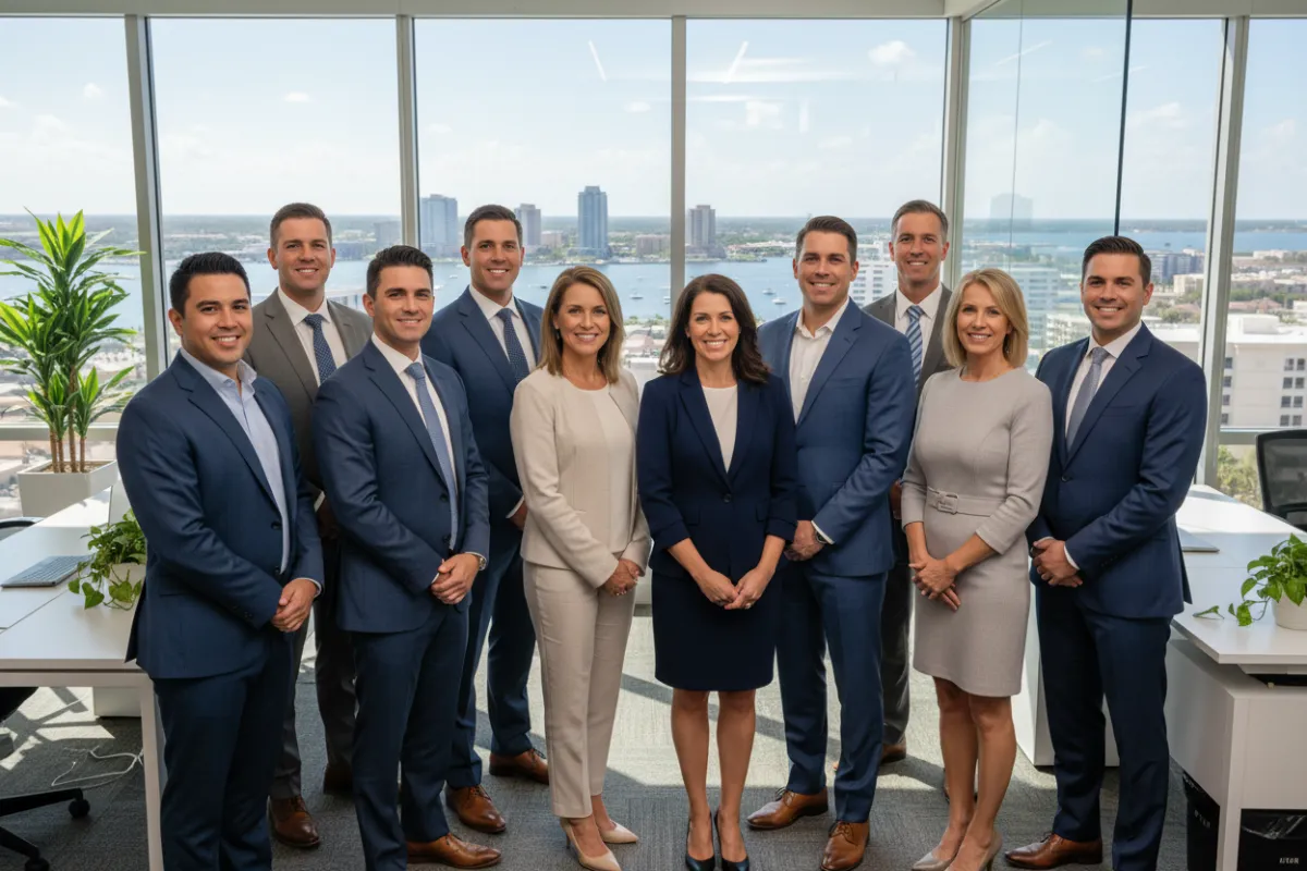 Diverse team of real estate professionals in business attire, standing together in a bright Corpus Christi office with city views. The group includes men and women of various ages and backgrounds, smiling confidently, conveying trust and expertise.