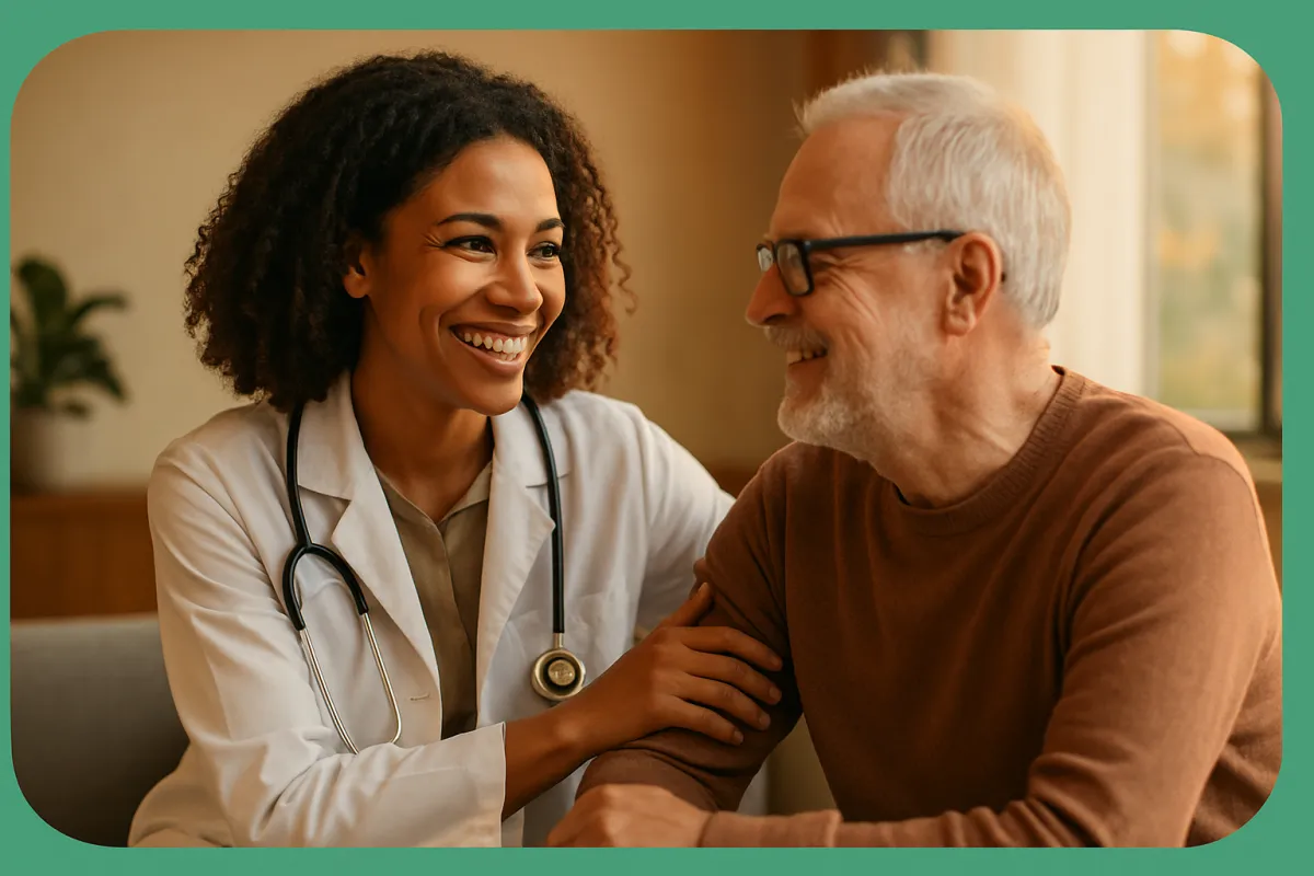 Clínico e paciente felizes em interação acolhedora, imagem de apoio ao CTA final.