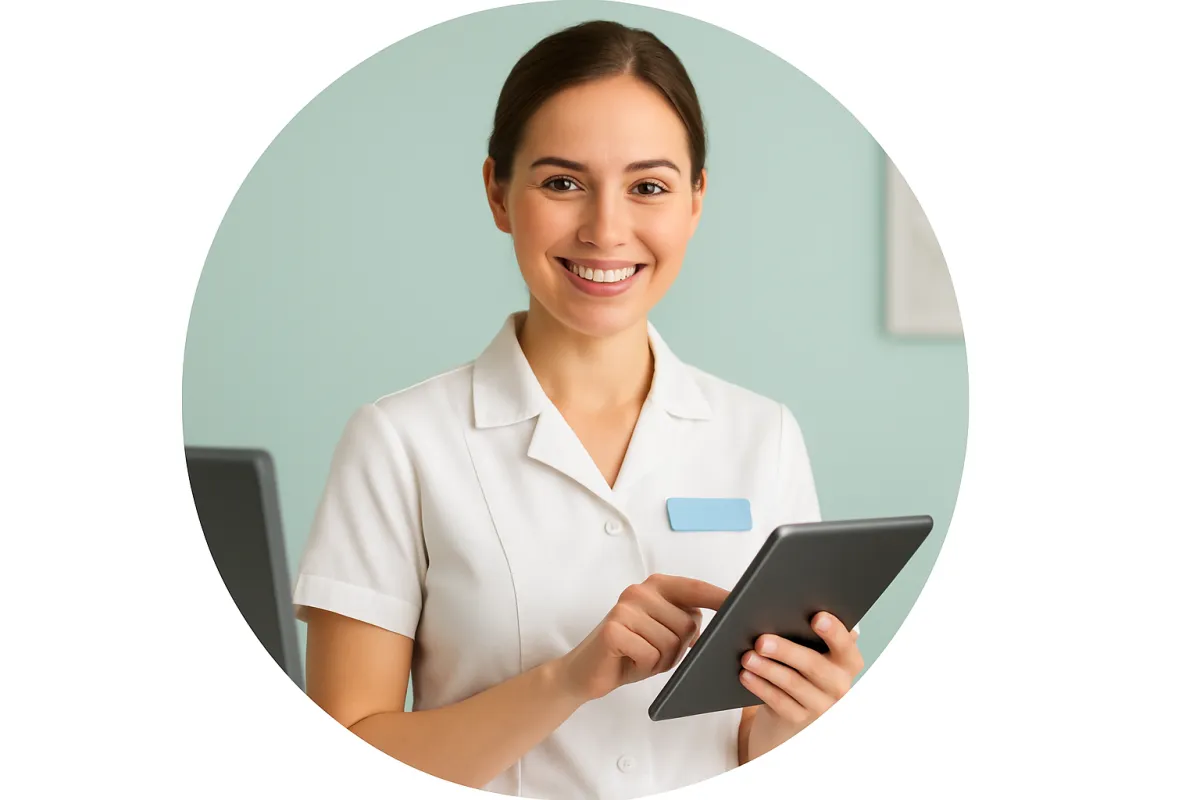Smiling clinic receptionist with tablet