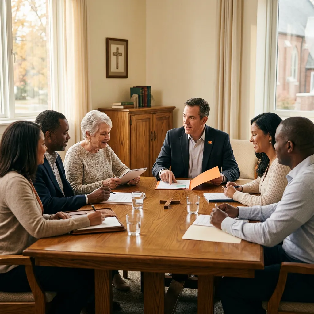 Ministry leadership team and financial advisor collaborating in a warm, naturally lit meeting room