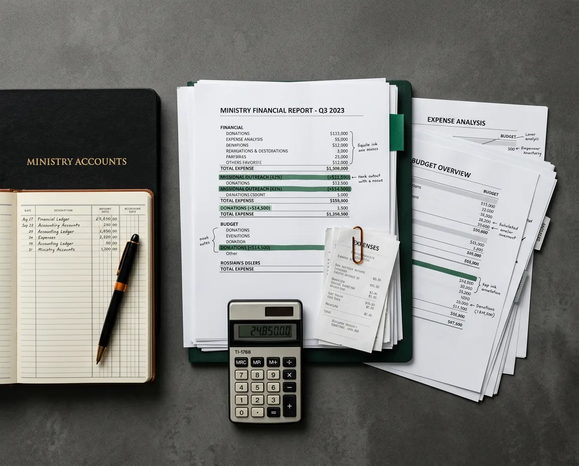 Organized ministry financial documentation and analytical review sheets representing peace of mind and clarity