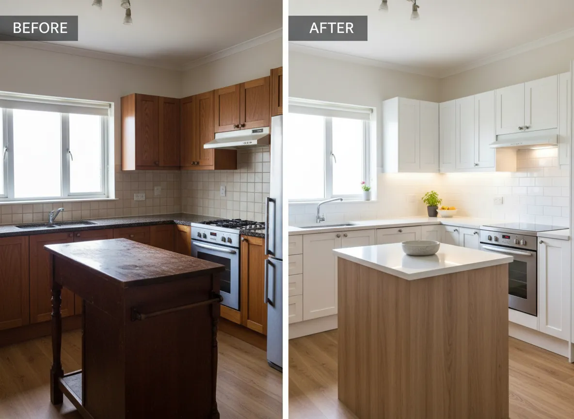 Before and after vinyl wrapped residential kitchen cabinets