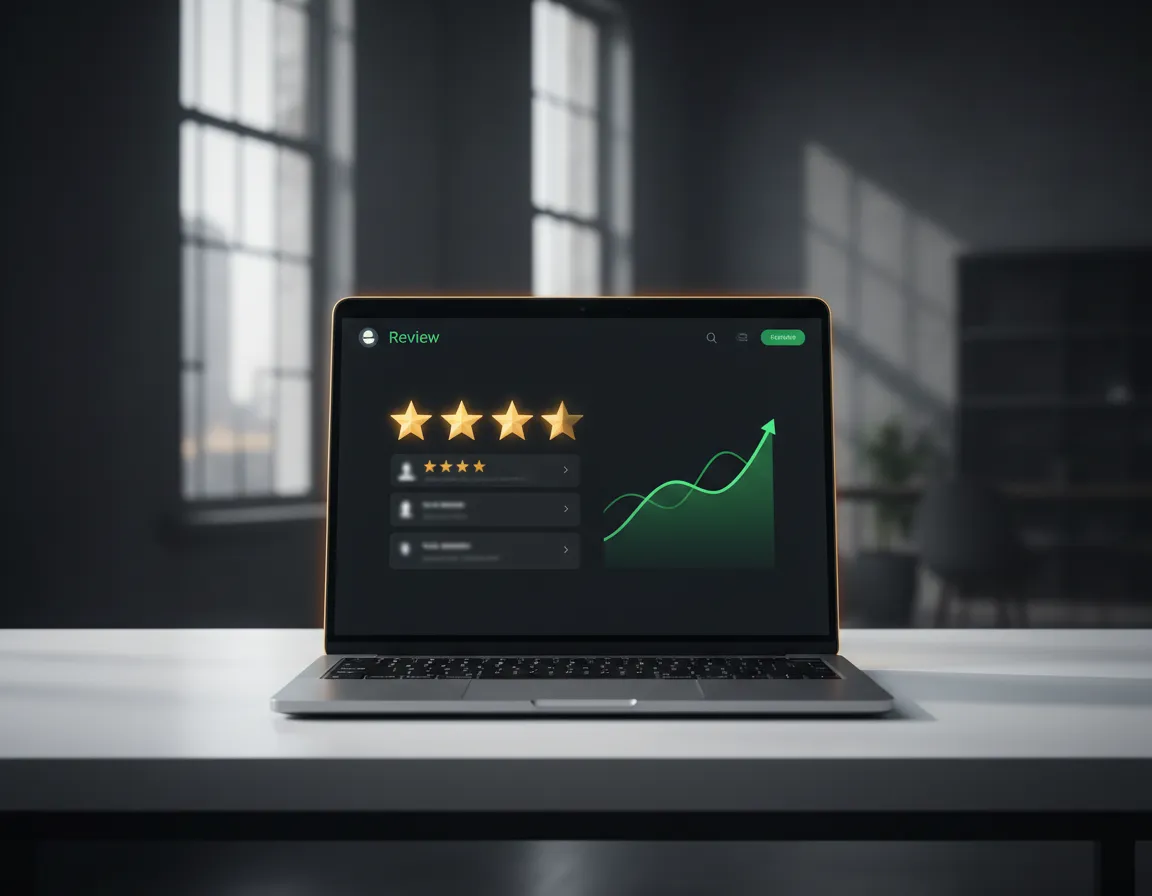 Dashboard showing 5-star Google reviews on a laptop mockup