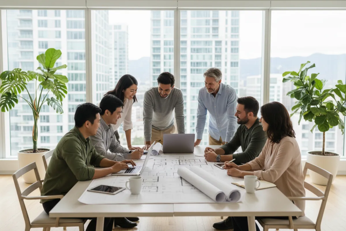 A diverse team of real estate professionals collaborating around a table with blueprints and laptops, set in a bright, open workspace with plants and city views. The group is engaged and supportive, reflecting teamwork and expertise.