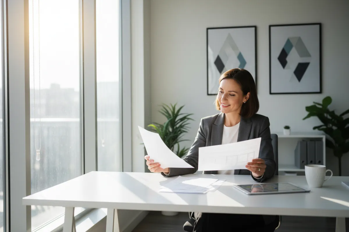 A confident small business owner reviewing real estate documents in a modern office, sunlight streaming through large windows, with a digital tablet and coffee mug on the desk. The scene is bright, professional, and welcoming.