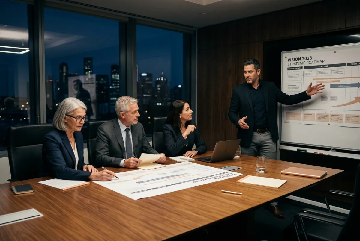 Professional consulting conversation in a boardroom setting