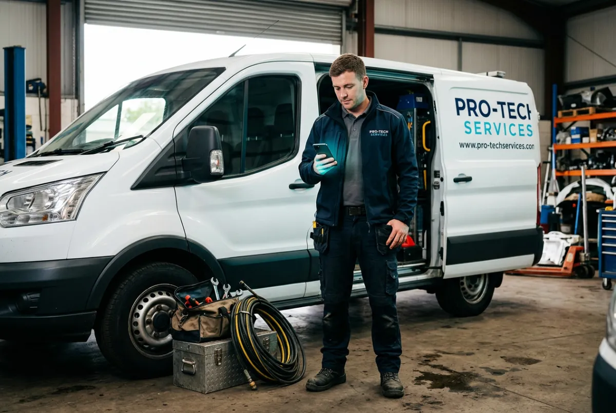 Field technician checking a mobile work phone beside a service van