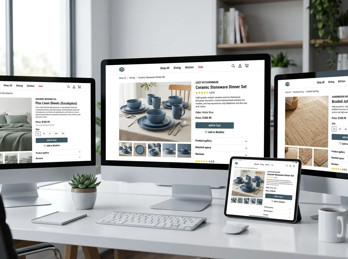 Mockup of an e-commerce store featuring product pages on multiple screens.