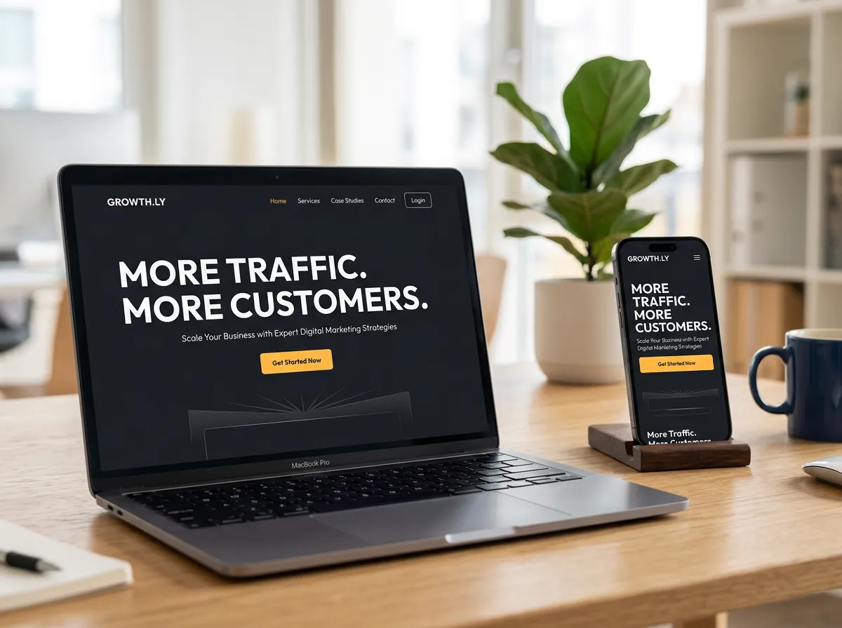 Laptop and smartphone mockups displaying a dark website interface with the headline 'More Traffic. More Customers.'