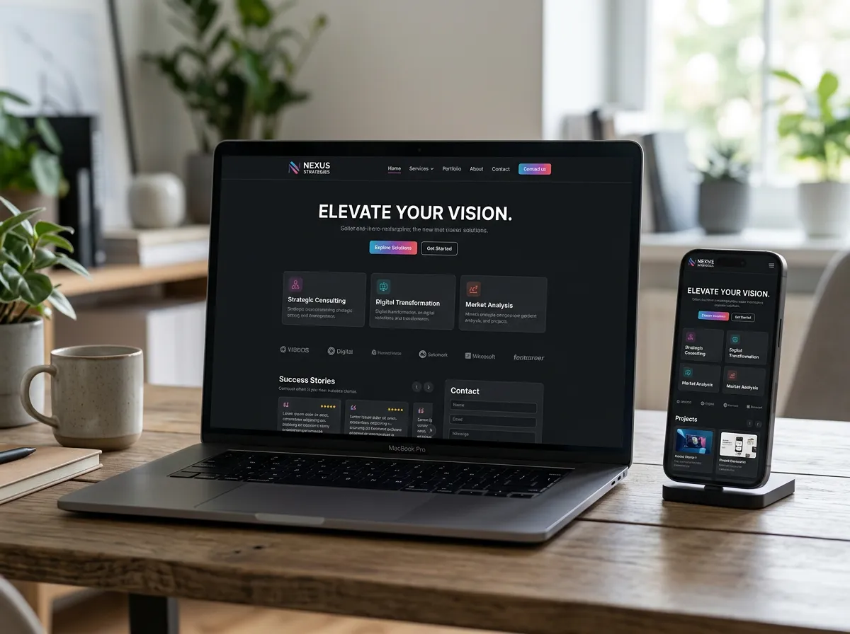 Mockup of a dark-themed business website displayed on a laptop and phone.